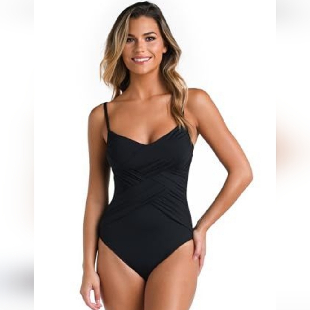 La Blanca Black Bathing Suit Island Goddess Draped Front Lingerie One Piece 12